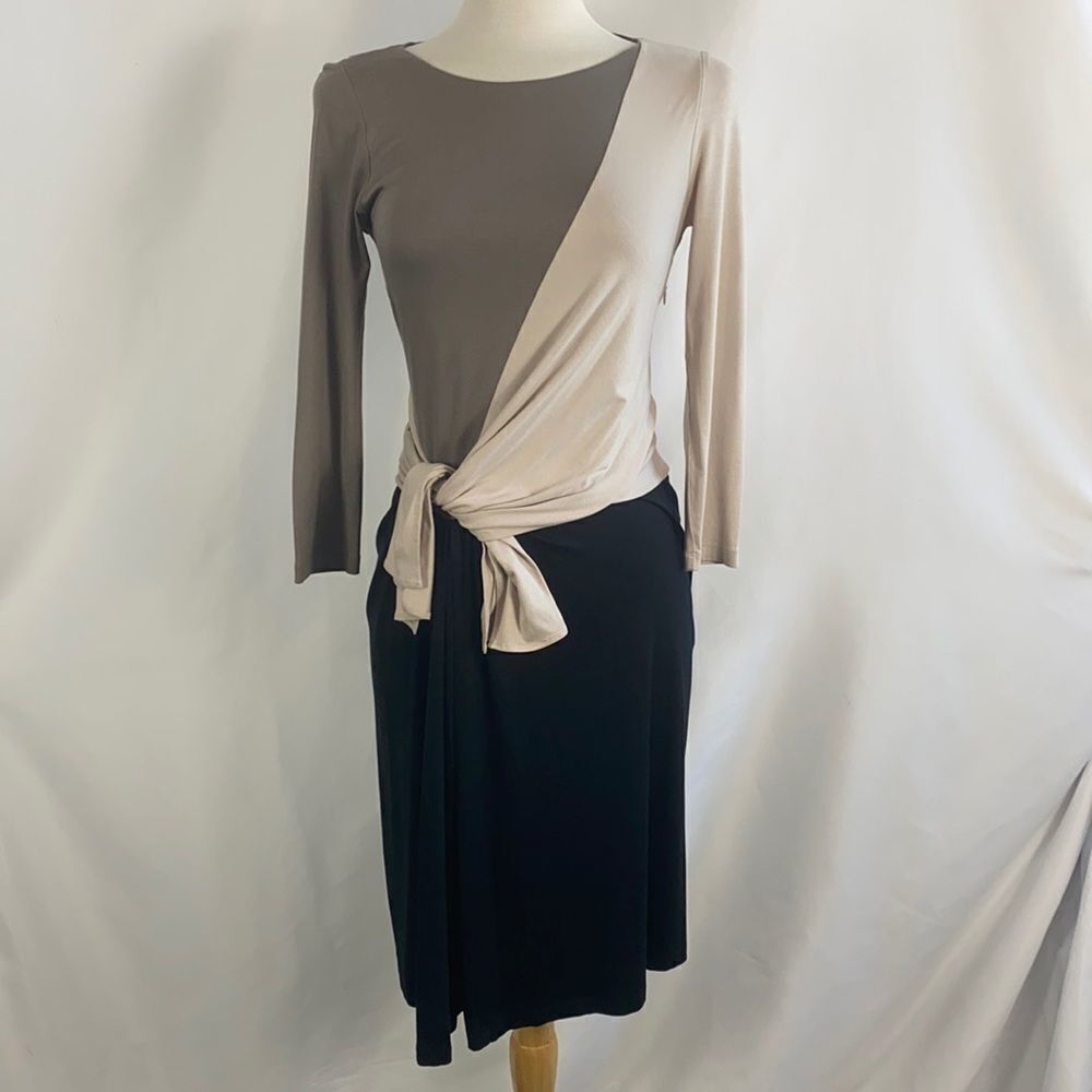 Paule Ka Tan Cream Black Tie Front Knit Dress